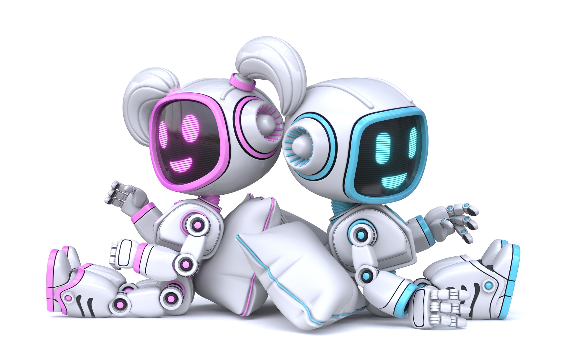 Cute pink girl and blue boy robots talking an pillows 3D